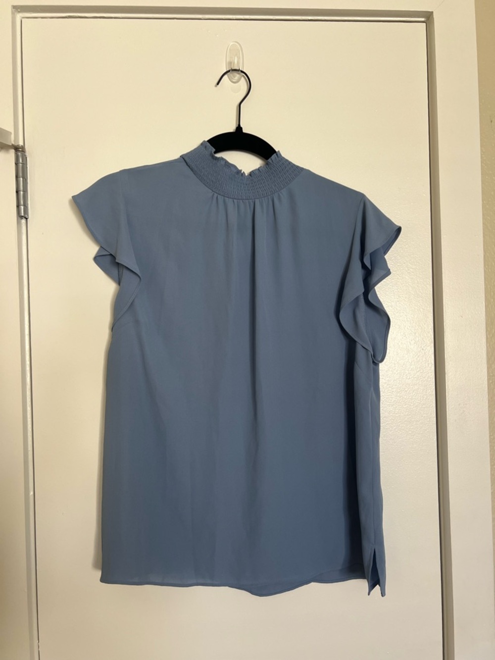 Vince Camuto Sky Blue Smocked Mock Neck Flutter Sleeve Blouse